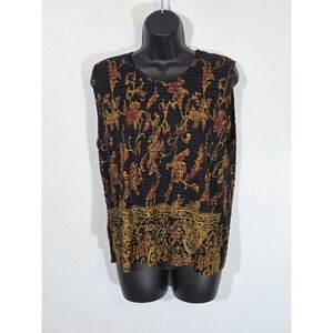 Vintage Pleat Pleat Rafael Large Sleeveless Blouse Black Gold Floral Crinkle‎